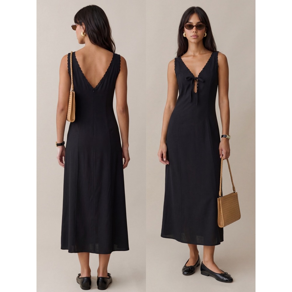 NWT Kourt Louisa Embroidery Detail Midi Dress in Black - Size Small